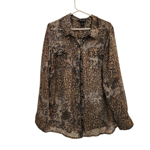 Lane Bryant Snakeskin Leopard Long Sleeve Button Up Shirt Sheer Brown Size 18/20 - Picture 1 of 8